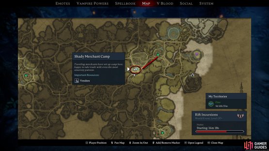 There are two identical Shady Merchant Camps in Farbane Woods. This is the eastern version. Teleport to the eastern waygate and head southwest.