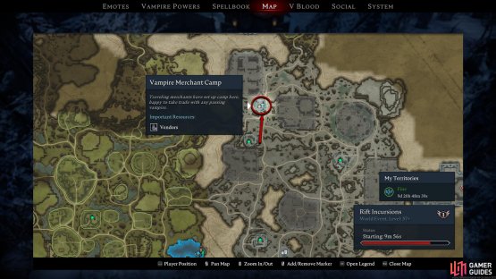 Head to the northwest Vampiric Waygate and follow the path north to find the camp.