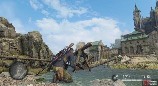 You can hit the first Stone Eagle from a position on the beach.