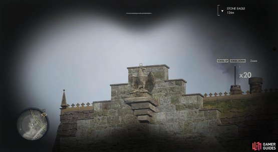 The Stone Eagle rest atop the mantel on this building you can see through your binoculars.