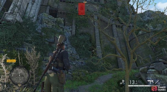 Turn around to face the fortress and look for the highlighted area. That&rsquo;s where you are headed.