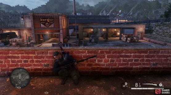 This is the ledge you need to crouch down on to avoid being spotted by the armoured car.