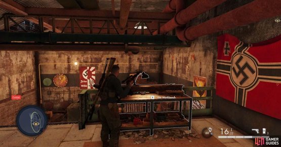 At this workbench you can upgrade your pistols, courtesy of the Nazis.