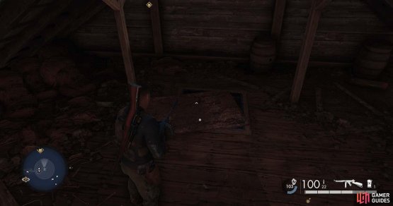 The final workbench is hidden under this rug in the abandoned building.