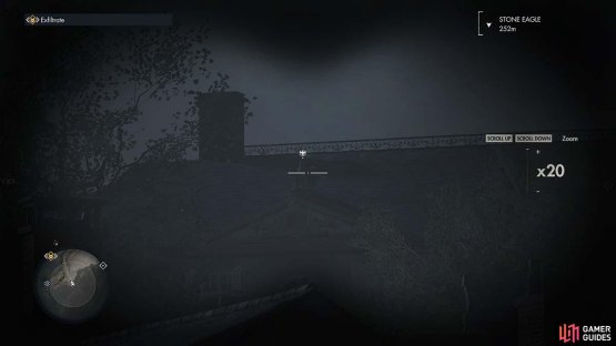 Scan the area to the left of the church with your binoculars to find it.