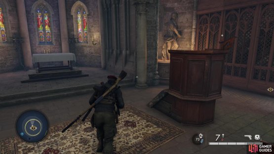 Head inside the church and make your way towards the alter, The pipe is on the Pulpit.