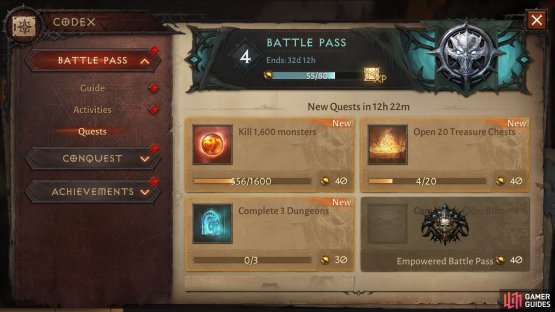 and Quests, which are more general objectives, like killing monsters and opening chests.
