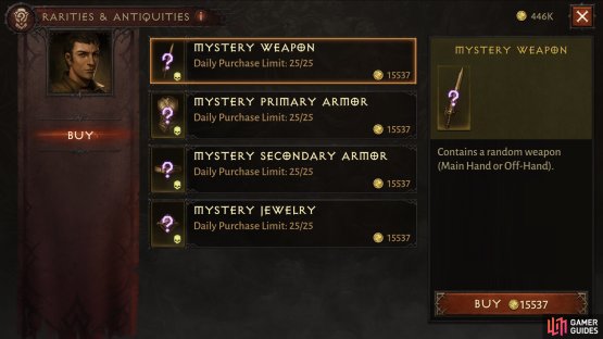 You can pay gold to gamble on gear from four different categories.
