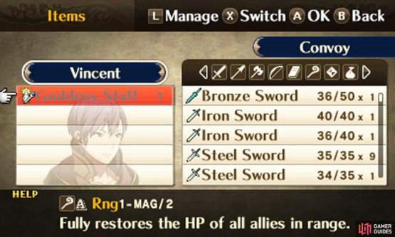The Goddess Staff heals all units in range, but it only has 1 use.