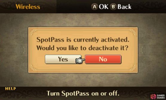 You can turn on SpotPass communication via the Wireless menu.