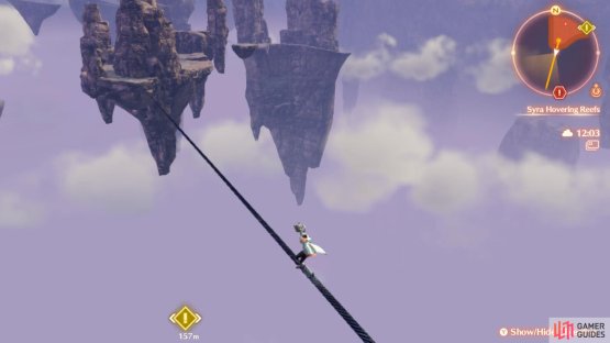 The hovering reefs are connected by zip-lines.