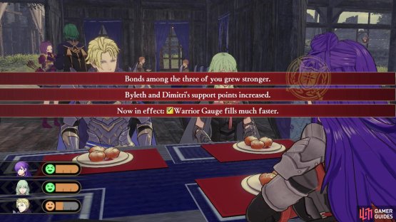 Talk to the Kitchen Master to cook meals for your companions.