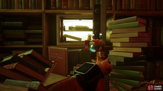Doc&rsquo;s notebook location is inside this safe, which is revealed by getting a key from the office and tipping over a pile of books.