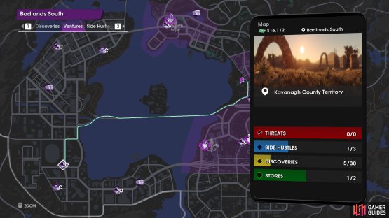 Venture activities are marked by purple diamonds on the map.