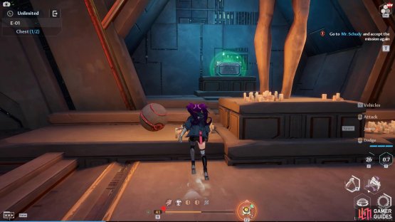 Knock the sphere off the statue, and the chest is behind a secret wall panel that opens.