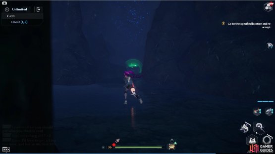 The second C-03 Ruin chest is found in a little caver near the waterfall.