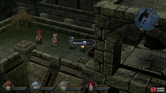 After exiting the Underground passage, loot a chest on the northeastern battlements to obtain HP 3 Quartz.