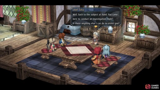 then talk to the Village Chief to learn about the monster attack and gain permission to snoop around the village.