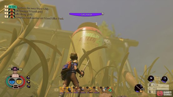 You&rsquo;ll need to climb to the top of the weed killer can from the far side.