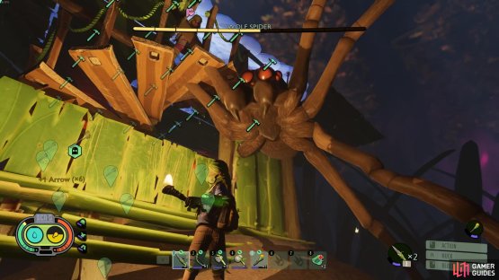 Fighting Wolf Spiders in melee can be difficult in the early game, but if you get on top of a structure and shoot them, you&rsquo;ll find it easier.