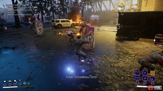 You&rsquo;ll need to dodge Armored Attacks from Bulldozers when you see the red markers around their shield or weapon.
