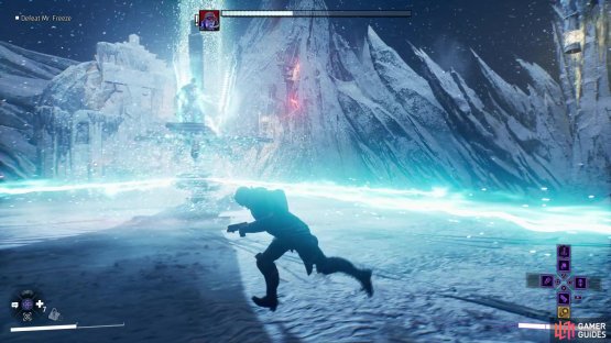 Every time around a third of Freeze&rsquo;s health is reduced he&rsquo;ll leap onto his machine, which will discharge beams of cryo energy - this is the most dangerous phase of the fight, and all you can do is run from the beams.