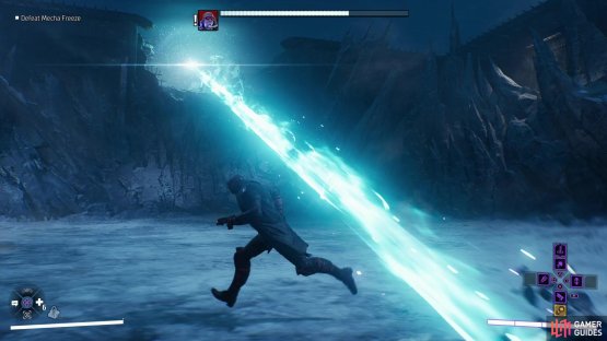 Every time you deplete one third of Mecha Freeze&rsquo;s health bar he&rsquo;ll seek safety on high ground, harassing you with ranged attacks.