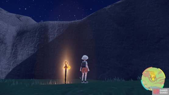 leap down to the grassy plateau to find this orange stake.