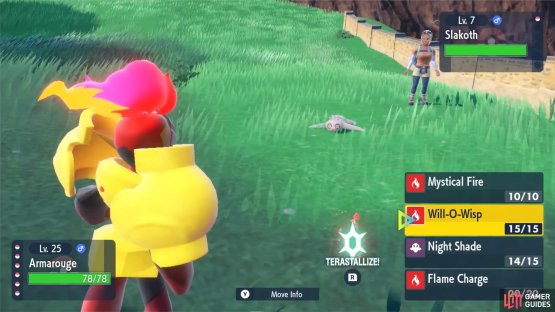 Press the R button while selecting a move to Terastallize. (Credit: Serebii)