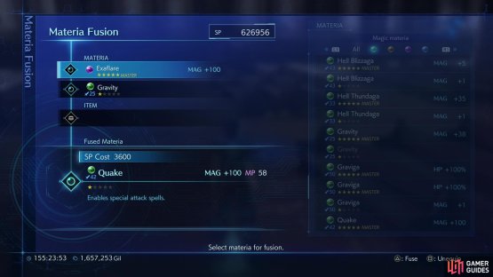 Fusing the !Exaflare Materia you get from Mission 9-6-4 with !Gravity is a fine way to end up with !Quake Materia with +100 MAG.