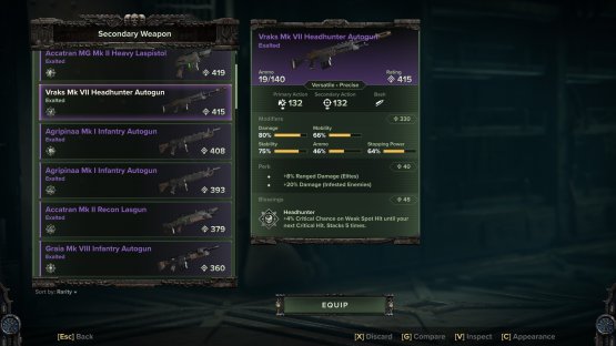 Here is an example fo Vraks Headhunter, compared to a lower rating version of the same weapon.
