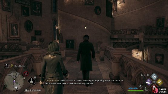 Grab the offending statue and follow Gladwin Moon, who will tell you about how these lunar statues appeared.