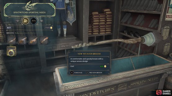 Buy a broom from !Spintwitches Sporting Needs shop in Hogsmeade,