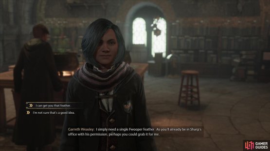 During the main quest &ldquo;Potions Class&rdquo;, Garreth  will ask you to borrow a Fwoopy Feather.