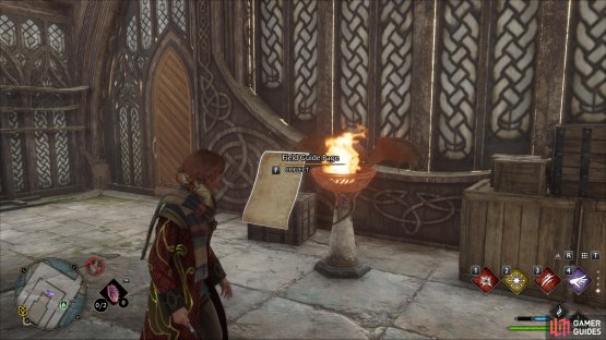 Cast a fire-based spell to light the brazier and reveal the page.