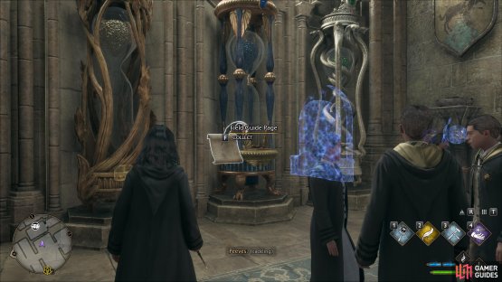 Cast Revelio in front of the hourglasses to reveal the page.