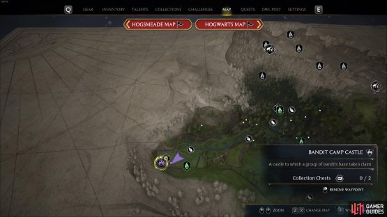 The location of the Bandit Camp Castle near Korrow Ruins, in the westernmost point of North Hogwarts Region.