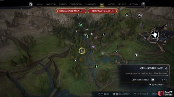The location of the Small Bandit Camp where you&rsquo;ll find the chest, northwest of the Forbidden Forest Floo Flame.