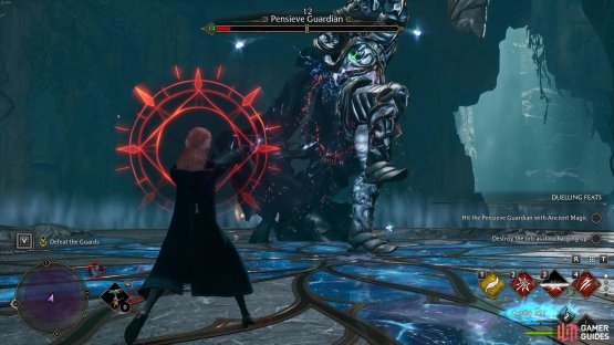 When the Pensieve Guardian raises his leg and red symbols surround your character