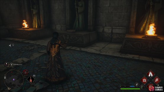 Shoot the bowl with a Fire Spell to reveal a weight plat, then step on it