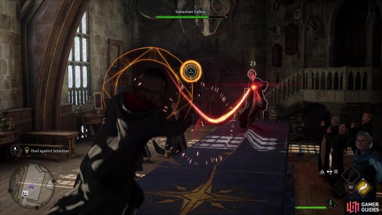 The duel against Sebastian is fairly straight forward. Just break his defenses with Leviosa and hammer it home with the basic command.
