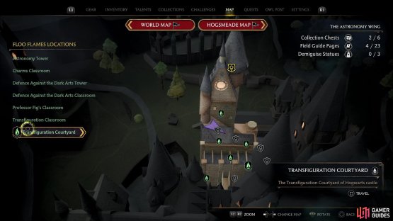 Fast travel to the Transfiguration Courtyard by using the respective Floo Flame.