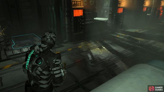 Wait for the sprinklers to stop before running past. Then go up the cargo lift at the end of the hall.