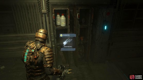 The Medium Med Pack Schematic can be found in an open locker directly after exiting the Decontamination Room on the Engineering Deck.