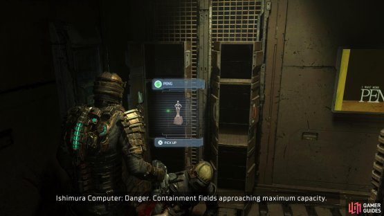 The Peng Treasure will be in the leftmost locker behind several Kinesis boxes. Move them out of the way to reach it.