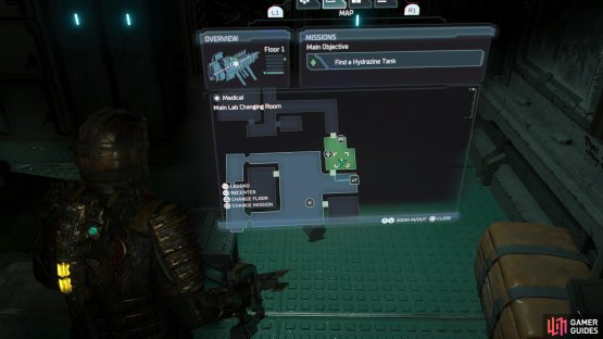 This is the small room in the east on the lower floor in the Medical Deck area. Follow the Hydrazine Tank objective to get there.