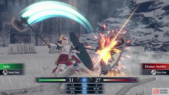 !Jade can be found in the middle of the battlefield, holding her own against two !Axe Armor units.