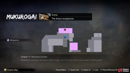 The Arena can be found on the second floor of Mukurogai. It won&rsquo;t appear on the map until you get to the second floor.