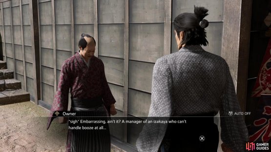 Buy drinks and/or food from the Fukufuku Pub until Ryoma pressures the owner to drink with him - an activity which doesn&rsquo;t go well.