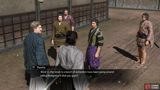 Head east to Sannocho, Rakugai, where you&rsquo;ll find some Ruffians pestering the foreigner,